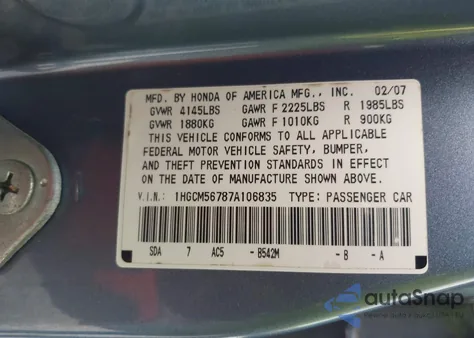 2007 Honda Accord 2.4 Ex z USA, uszkodzony, nr VIN 1HGCM56787A106835